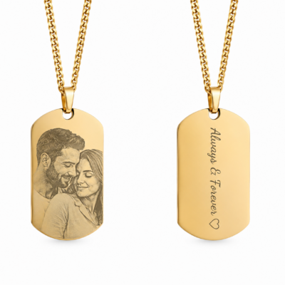 Goudkleurige dog tag ketting met fotogravure en tekstgravure