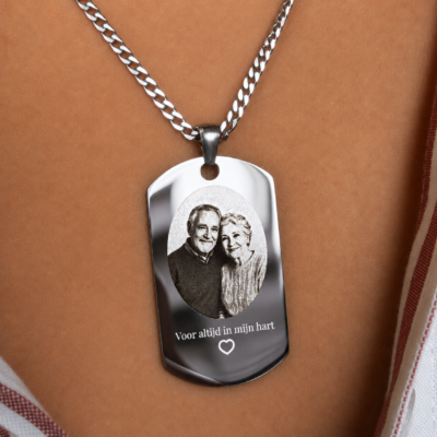 Zilveren dogtag ketting met foto gravure en tekst Voor altijd in mijn hart