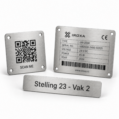 RVS naamplaatje, typeplaatje en QR-code plaatje laten graveren